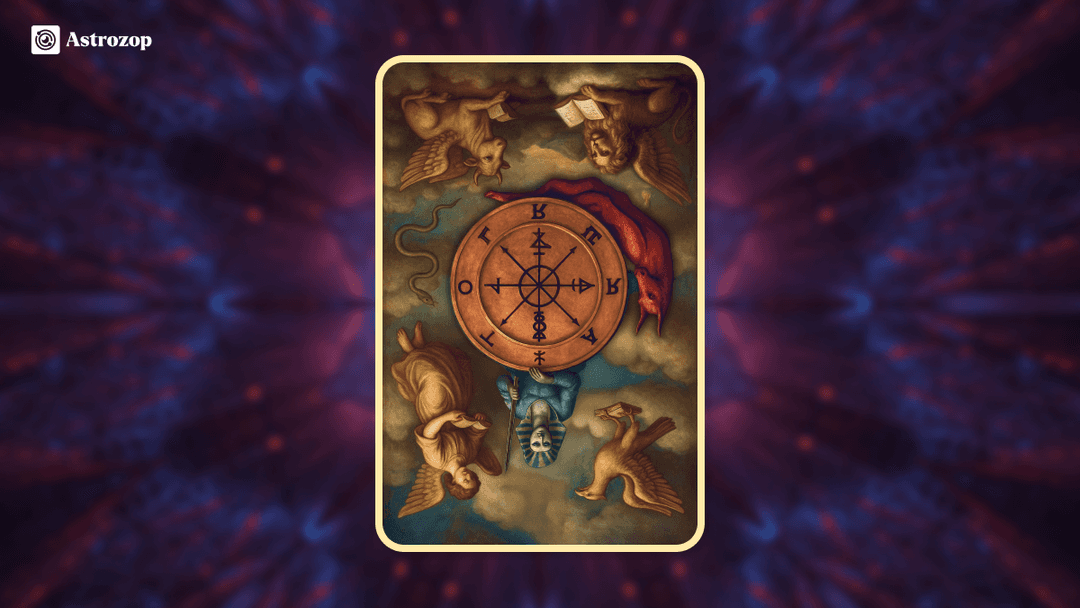 Upright Wheel of Fortune Tarot card image showing a rotating wheel of time