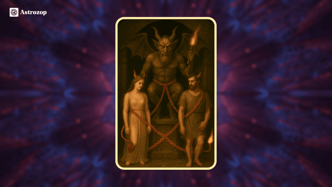 The Devil tarot card showing a horned figure with bat wings