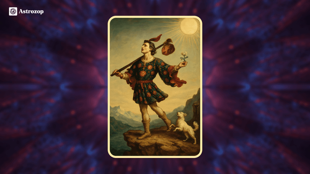 The Fool tarot card showing a young traveler standing at the edge of a cliff with a white dog.