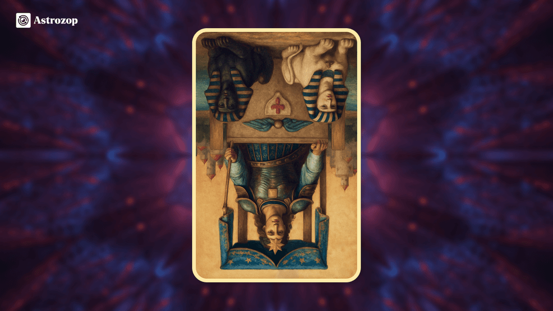 Reversed Chariot Tarot card image showing an inverted chariot scene