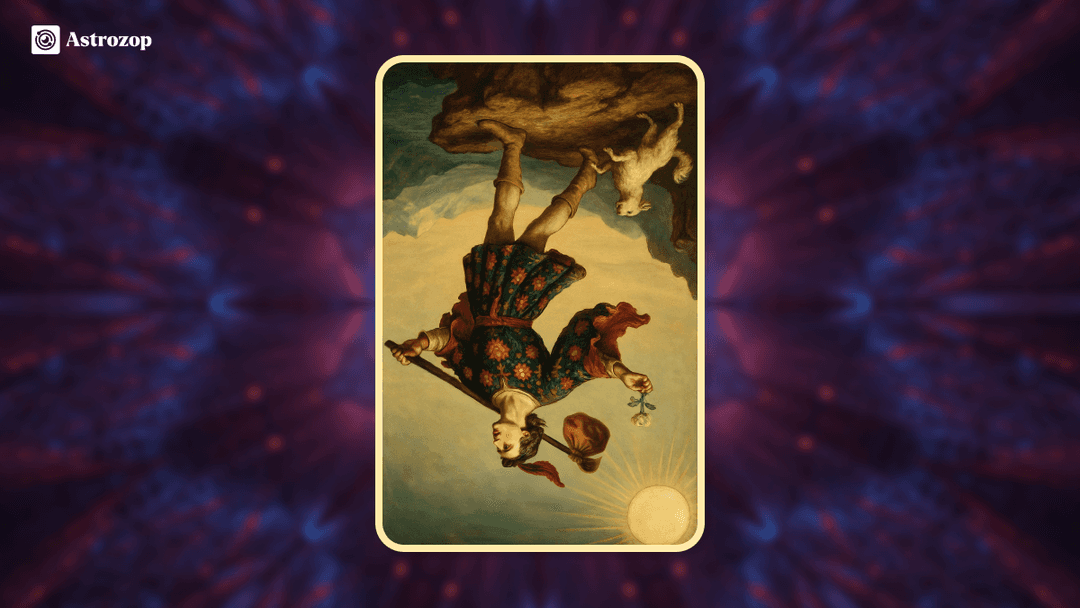 Reversed Fool Tarot card image showing an inverted traveler 
