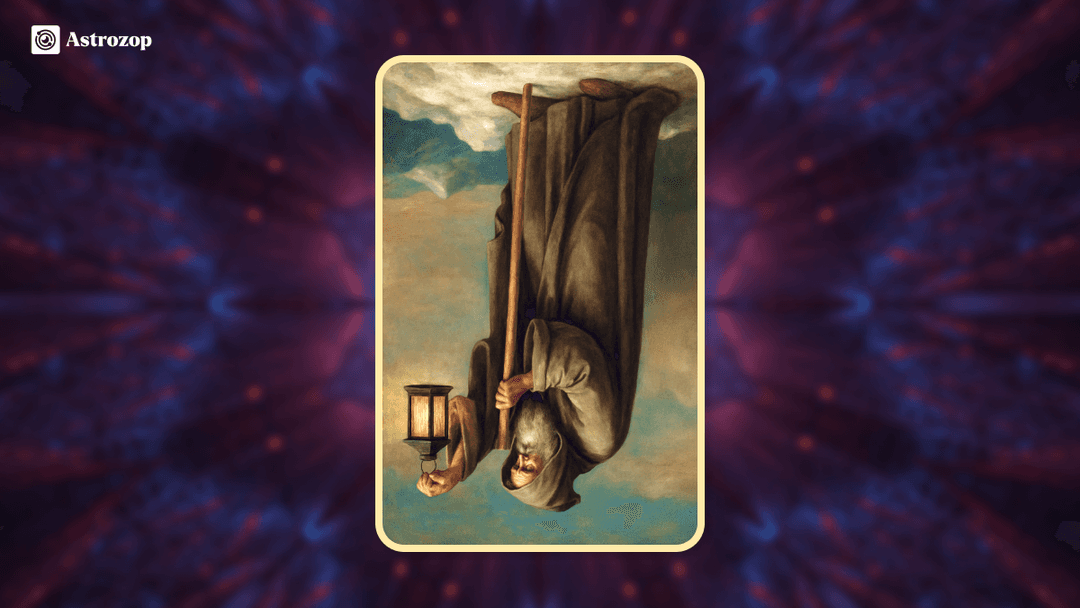  Reversed Hermit Tarot card image showing an inverted lantern scene