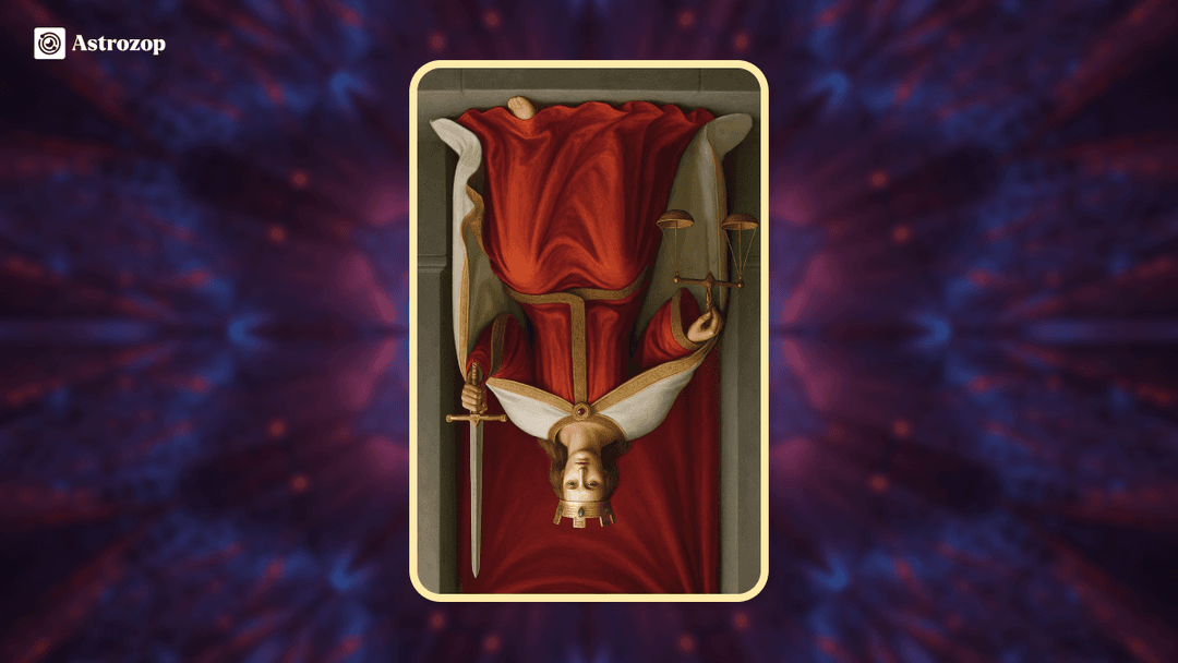 Reversed Justice Tarot card image showing an inverted figure with scales