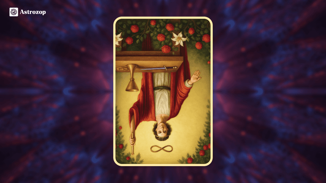 Reversed Magician Tarot card image showing an inverted magician