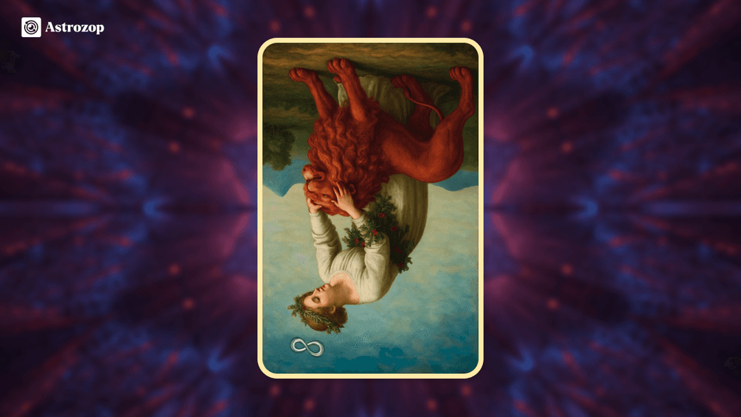 Reversed Strength Tarot card image showing an inverted woman with lion