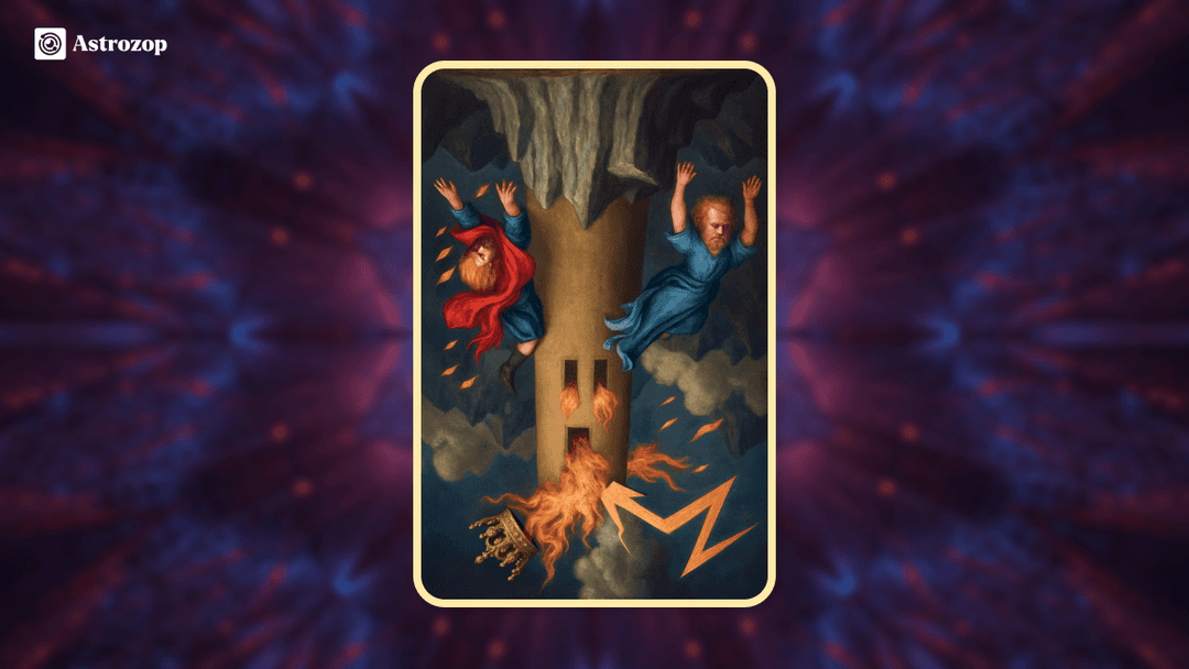 Reversed Tower Tarot card image showing an inverted crumbling tower