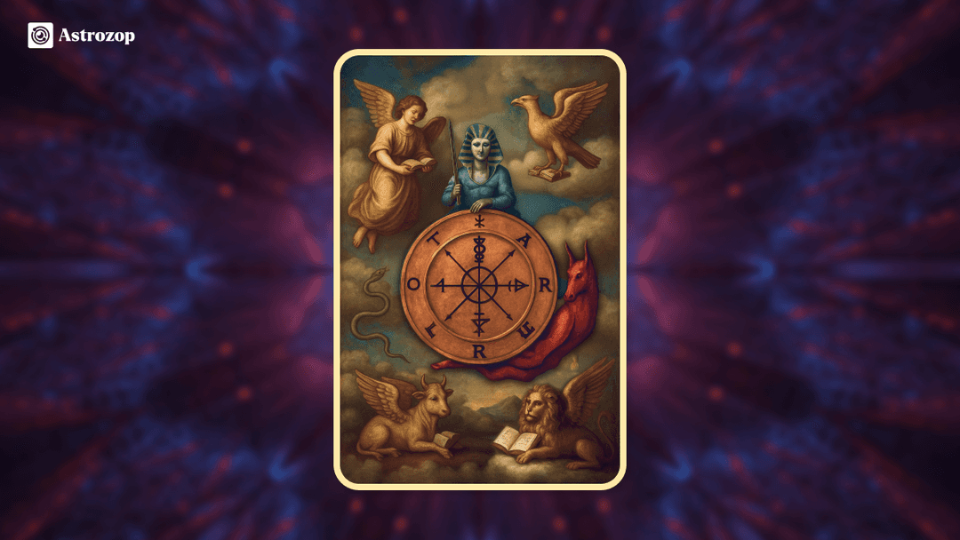 The Wheel of Fortune tarot card showing a large wheel with mystical symbols.